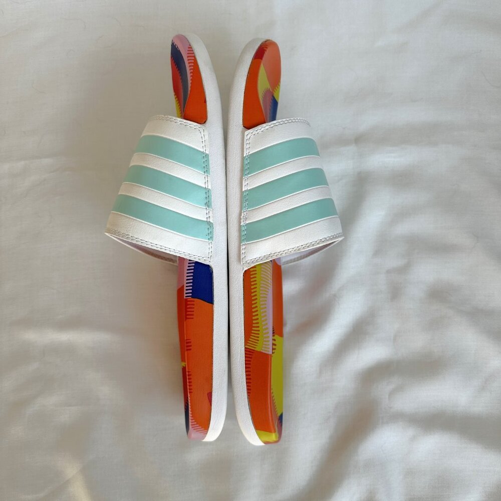 Adidas Adilette Comfort Slides in White / Aqua / Active Blue, Mens 9 - Picture 5 of 10